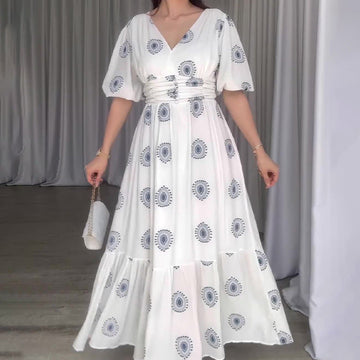 Women's Summer Fashion Vcollar Bubble Sleeve High-Waist Print Splicing Body Dress